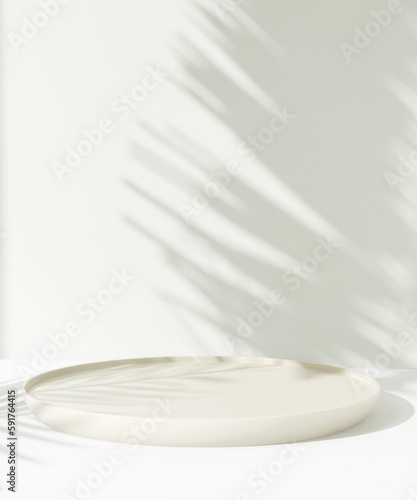 Round cream podium, green tropical palm in sunlight, leaf shadow for on white table countertop, wall for nature luxury hygiene organic cosmetic, skincare, beauty, treatment, food product background 3D