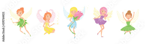 Little Fairy or Pixie with Wings with Magic Wand Vector Illustration Set