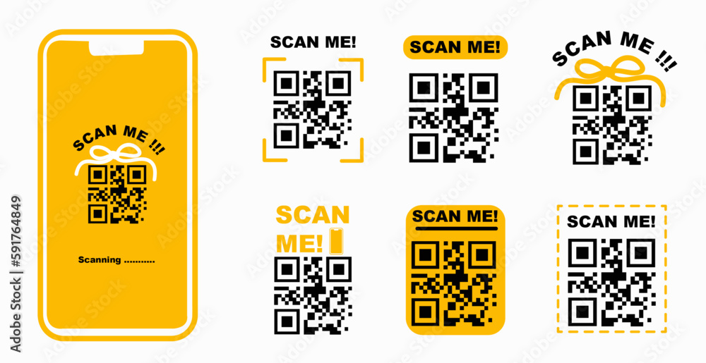 Qr code set. scan me template frames for QR codes. Stock Vector Adobe