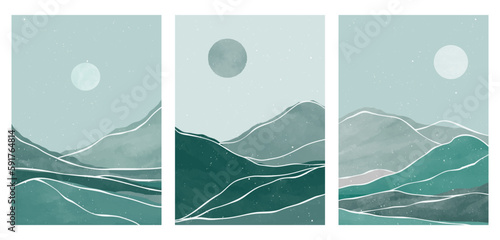 Mountain landscape illustration. Mid century modern art print on set. Abstract contemporary aesthetic backgrounds landscapes. mountain, sea, moon and sun