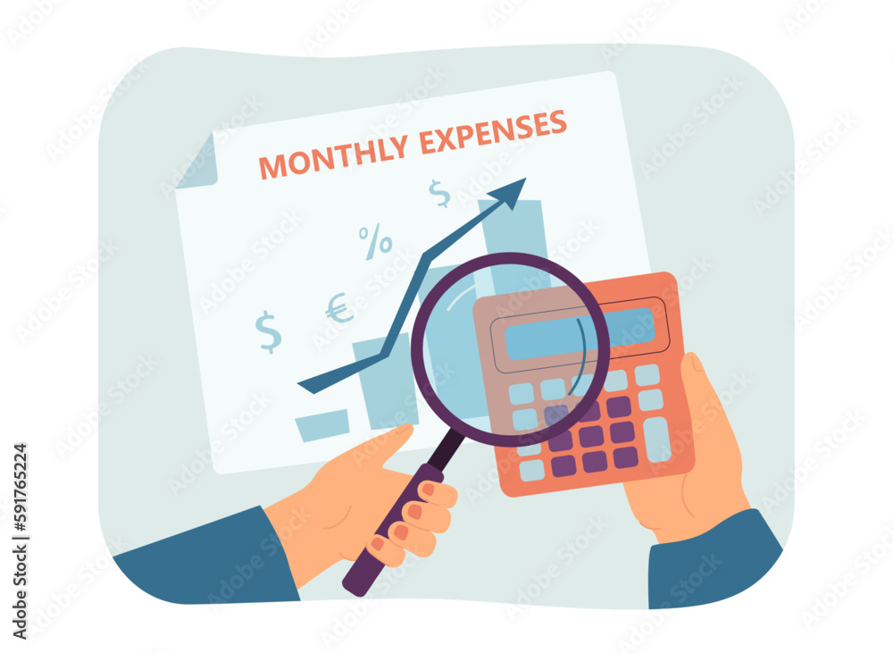 Hands of person calculating monthly expenses vector illustration. Cartoon drawing of financial chart, hands with calculator and magnifier. Finances, management, budget concept Hands of person calculating monthly expenses vector illustration. Cartoon drawing of financial chart, hands with calculator and magnifier. Finances, management, budget concept