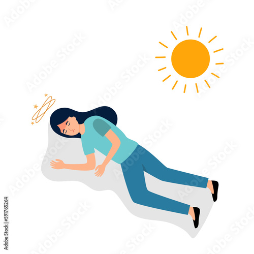 Young woman fainting under strong sunlight in flat design on white background. Dizziness symptom.