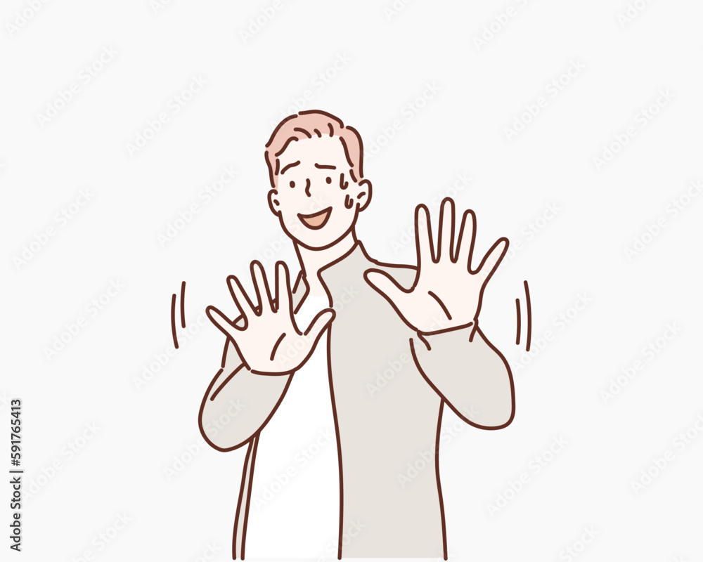 Serious man shows stop gesture. Hand drawn style vector design illustrations. Serious man shows stop gesture. Hand drawn style vector design illustrations.