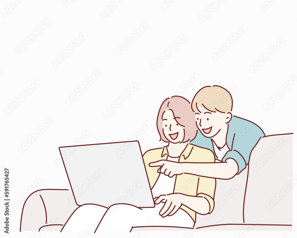 Beautiful young couple is using a laptop, hugging and smiling while sitting on couch at home. Hand drawn style vector design illustrations. Beautiful young couple is using a laptop, hugging and smiling while sitting on couch at home. Hand drawn style vector design illustrations.