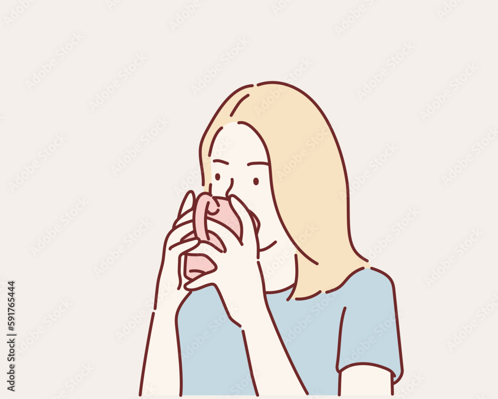 Woman having coffee in the morning. Hand drawn style vector design illustrations. Woman having coffee in the morning. Hand drawn style vector design illustrations.