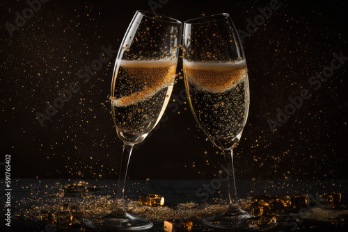 Two glasses of champagne on a black background with gold confetti. Generative AI
