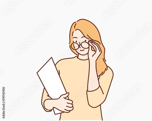 Evil teacher woman takes off her glasses, woman with homeworks of her students, Hand drawn style vector design illustrations.