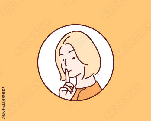Beautiful girl winking and making silence or secret hand gesture with finger on lips. Hand drawn style vector design illustrations. photo