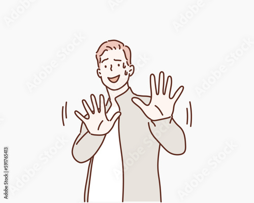 Serious man shows stop gesture. Hand drawn style vector design illustrations.