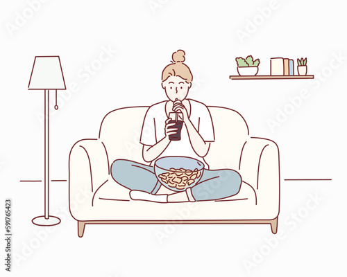 Beautiful young woman eating unhealthy food while watching TV .Hand drawn style vector design illustrations.