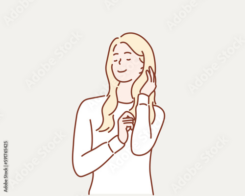 Woman with curly beautiful hair. Hand drawn style vector design illustrations.