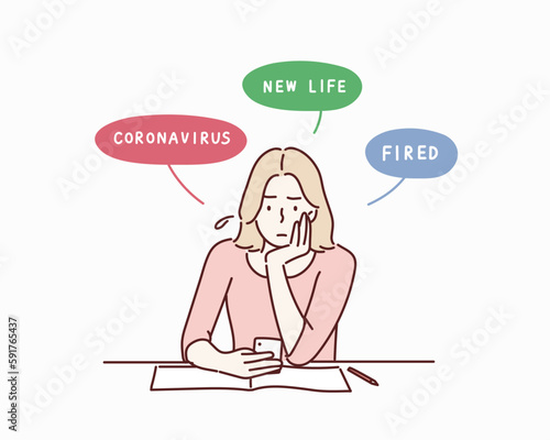 Woman Fired From Work During Corona Virus Pandemic. Hand drawn style vector design illustrations.