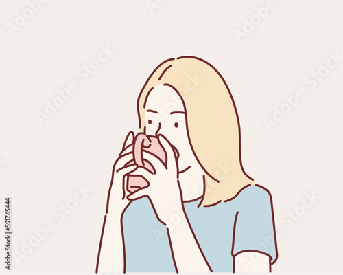 Woman having coffee in the morning. Hand drawn style vector design illustrations.