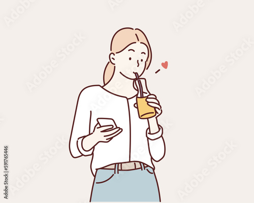 cute casual girl drinking orange juice from a glass. Hand drawn style vector design illustrations.