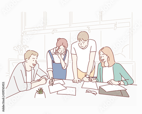 Entrepreneurs and business people conference in modern meeting room. Hand drawn style vector design illustrations.