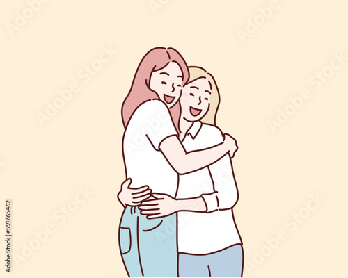 Happy meeting of two friends hugging. Hand drawn style vector design illustrations.