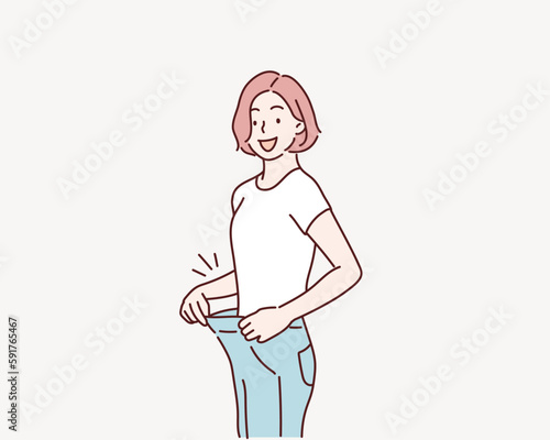 Woman lost weight. Good diet. Very big jeans on a girl. Hand drawn style vector design illustration.