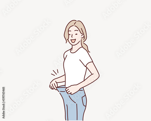 Woman lost weight. Good diet. Very big jeans on a girl. Hand drawn style vector design illustration.