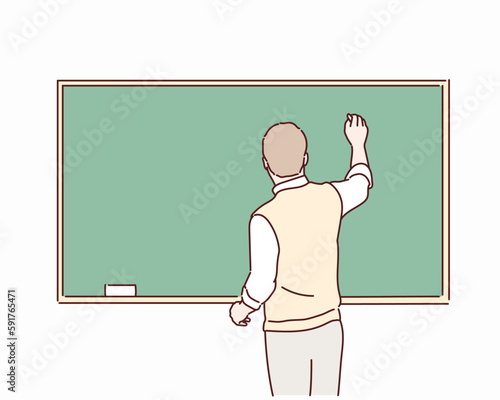 Man in suit drawing something on chalkboard. Hand drawn style vector design illustrations.