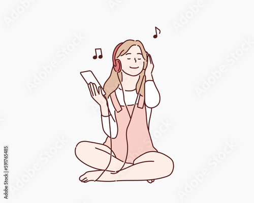Young happy girl sitting on floor and listening music. Hand drawn style vector design illustrations.