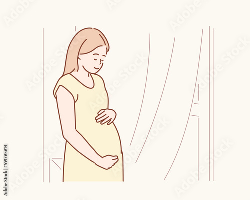 Young beautiful pregnant woman standing near window at home. Hand drawn style vector design illustrations.