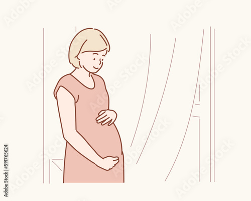 Young beautiful pregnant woman standing near window at home. Hand drawn style vector design illustrations.