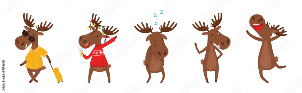 Funny Elk or Moose with Antlers and Hooves Vector Set Funny Elk or Moose with Antlers and Hooves Vector Set