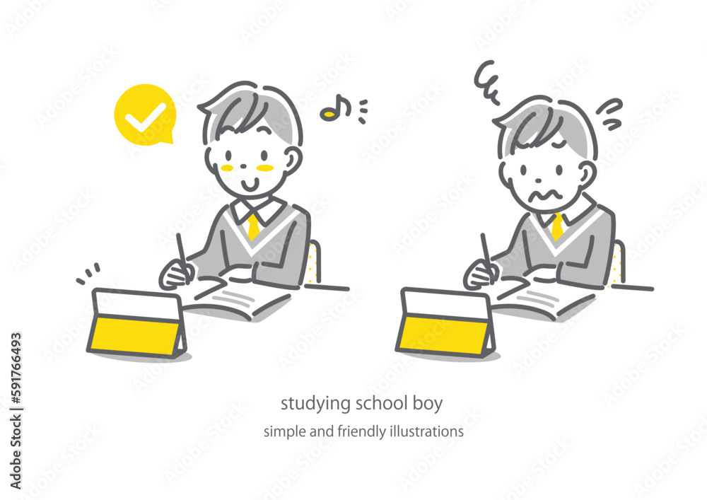 オンライン学習が順調な男子生徒と苦戦する男子生徒　シンプルでかわいい線画イラスト