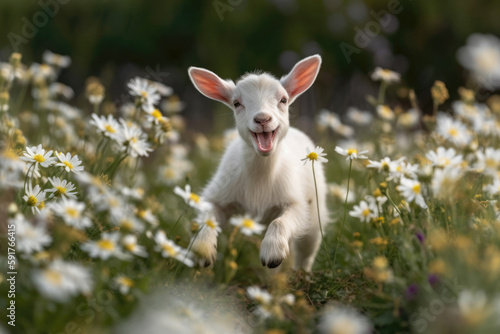 Baby goat jumping in a field. Photorealistic generative AI illustration
