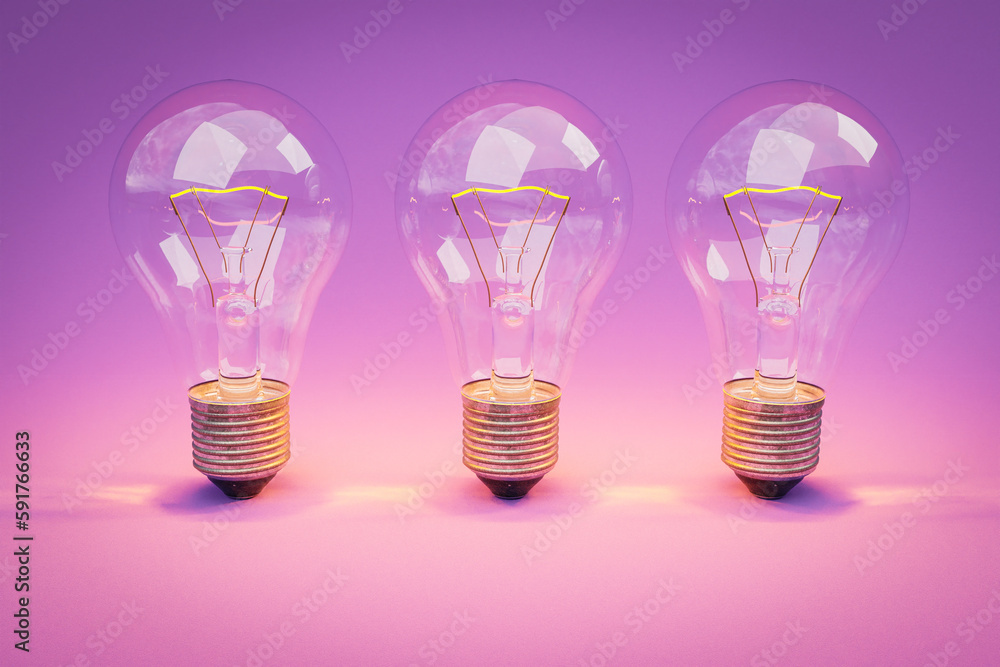 three retro style lightbulbs with glowing filament standing in a row on infinite colorful purple background; creativity design concept; 3D Illustration three retro style lightbulbs with glowing filament standing in a row on infinite colorful purple background; creativity design concept; 3D Illustration