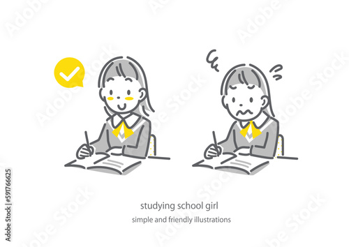 勉強が順調な女子高生と苦戦する女子高生　シンプルでかわいい線画イラスト