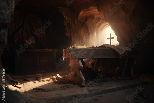 Empty tomb of Jesus Christ. Abandoned shroud and crown of thorns on the floor. Light pouring into the cave, generative AI