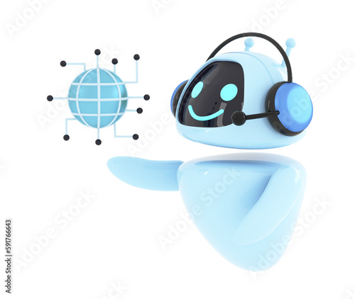 Artificial intelligence chatbot holding web neural network. AI robot smiling coming up with answers and ideas. Chat bot, conversation or communication with technology concept. 3d render illustration