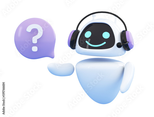 Artificial intelligence chatbot holding question mark in speech bubble. AI robot smiling coming up with answer. Chat bot, conversation or communication with technology concept. 3d render illustration.
