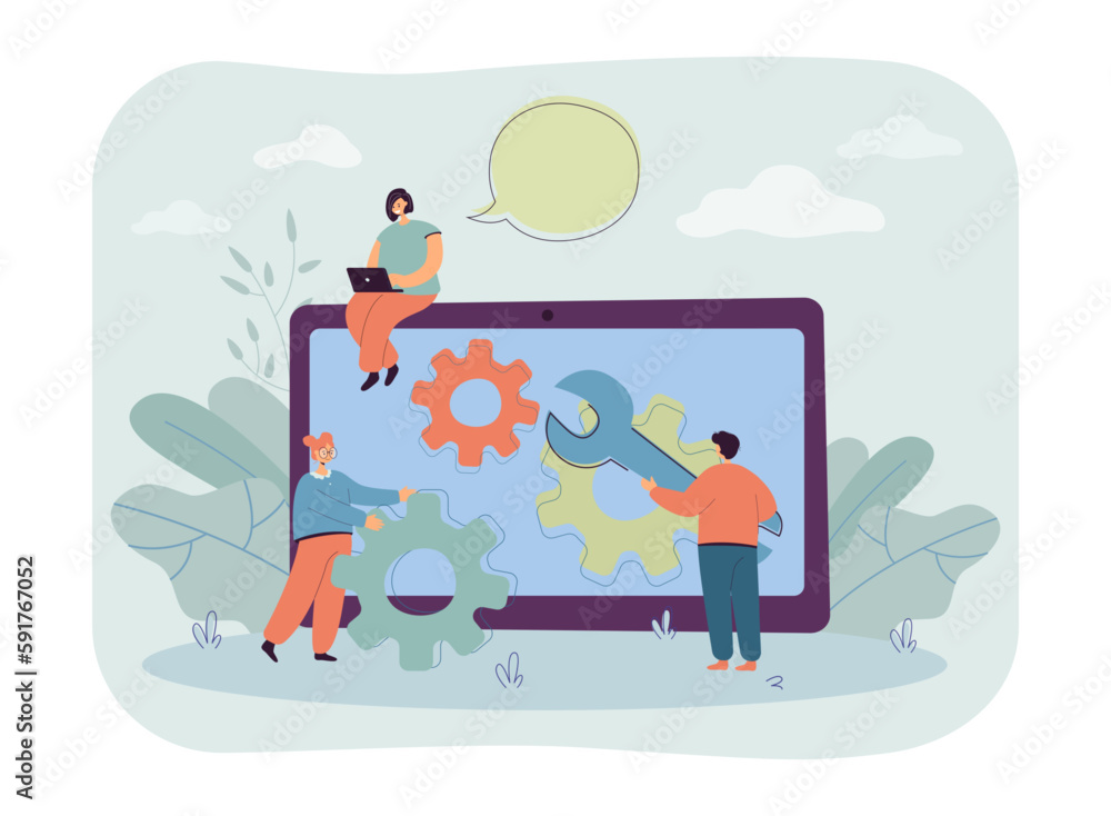 Team of tiny programmers with huge gears and tablet or monitor. Developers working on software or data of website flat vector illustration. Technology, programming, back end development concept Team of tiny programmers with huge gears and tablet or monitor. Developers working on software or data of website flat vector illustration. Technology, programming, back end development concept
