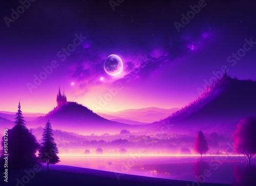 Beautiful purple starry night illustration, Belgrade Serbia, 4k light dust art concept generative ai