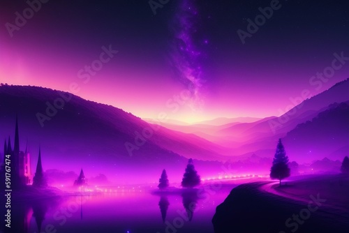 Beautiful purple starry night illustration, Belgrade Serbia, 4k light dust art concept generative ai