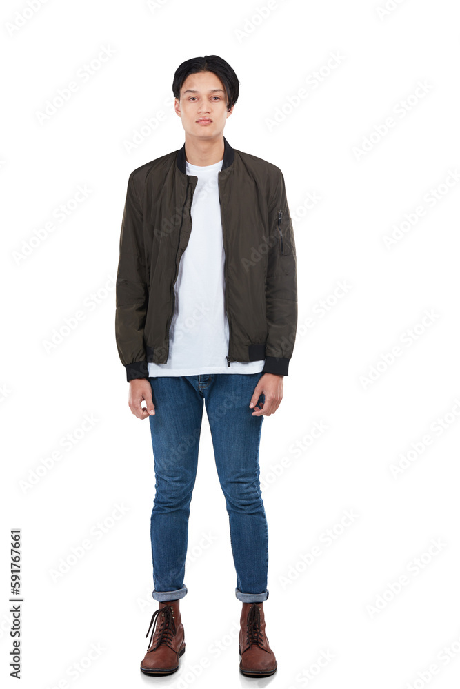 Φωτογραφία Asian man, serious portrait and fashion clothes for gen z or edgy millennial standing on an isolated and transparent png background