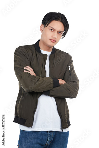 Confident, trendy and portrait of an Asian man with arms crossed on an isolated, transparent png background. Fashion, cool and edgy model posing with serious confidence and tough style