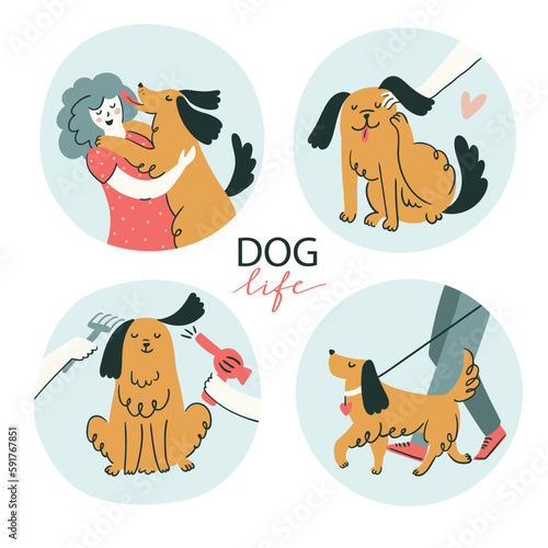 Set of illustrations about dog life. Vector funny dogs in flat hand-drawn style. Cute simple design for posters, cards or prints for t-shirts.