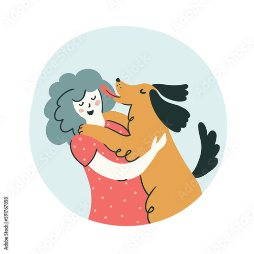 Dog lover hand-drawn illustration. The dog hugs and happily licks the girl with his 