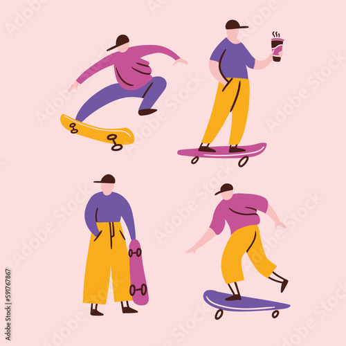 Vector skateboarding in flat hand-drawn style.  Young men on skate boards. Sport lifestyle concept. Set of isolated design elements. Boy on penny board.
