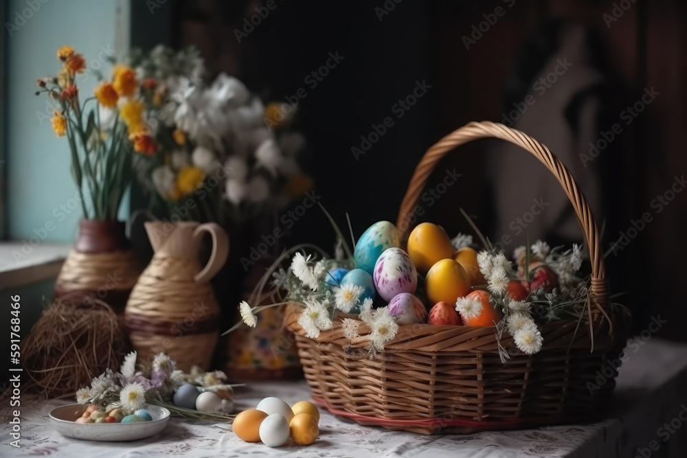 eggs Polish Easter tradition in a basket with flowers, generative AI