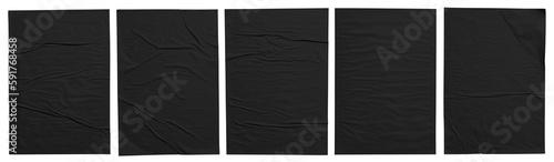 black paper wrinkled poster template ,blank glued creased paper sheet mockup.white poster mockup on wall. empty paper mockup.