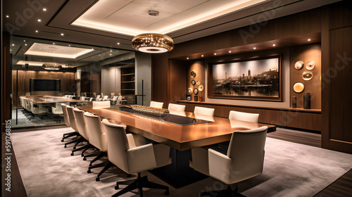 A stunning image of a contemporary boardroom, offering a stylish and comfortable environment for upscale business meetings