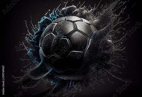 Black Roasted Metallic Soccer ball with Rotating Particles under Black-Blue Background. 3D sketch design and illustration. 3D high quality rendering. Generative AI