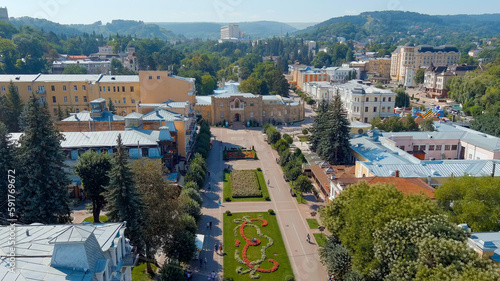 Kislovodsk, Russia - August 30, 2021: Narzan Gallery - an architectural monument of the XIX century, located in the resort park of the city of Kislovodsk, Aerial View