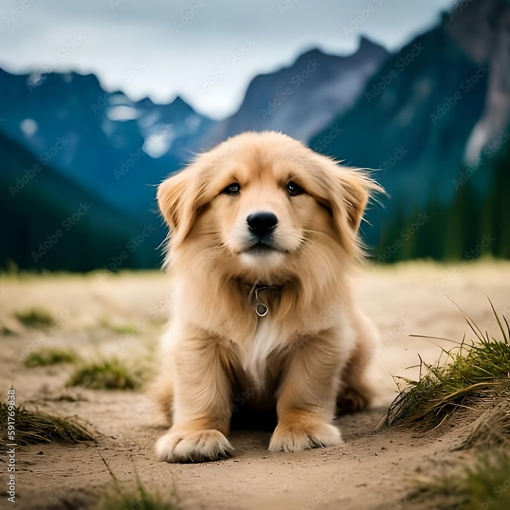 Golden retriever puppy in mountain background. Generative Ai