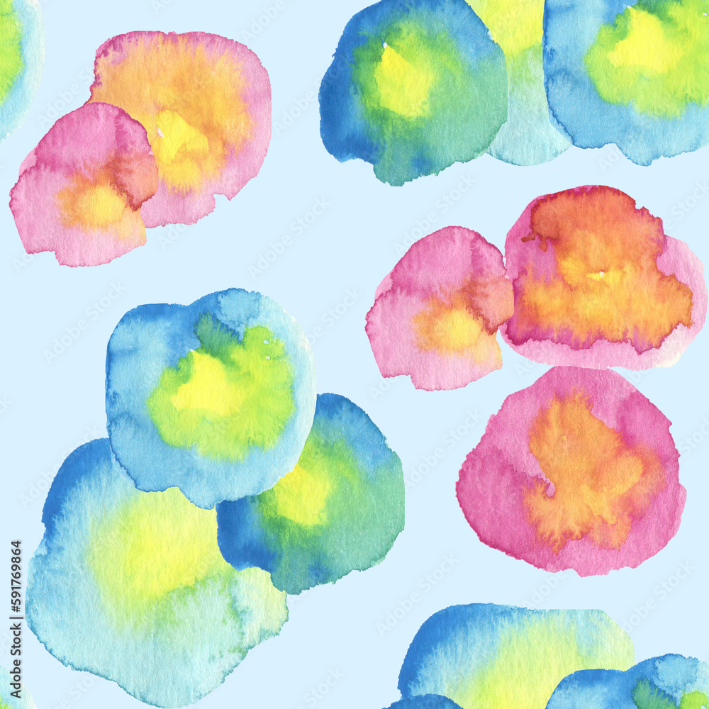 Seamless watercolor pattern with big pink and blue flowers on blue background