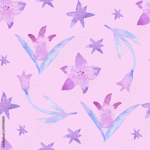 Seamless watercolor pattern with lilac and blue flowers on pink background